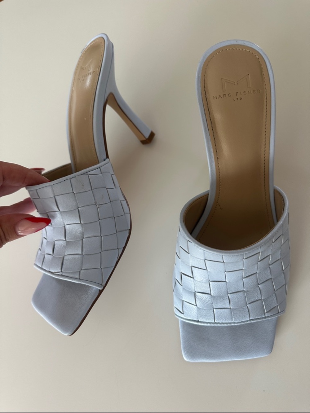 Marc Fisher Pale Blue Woven Leather Square-Toe Mules